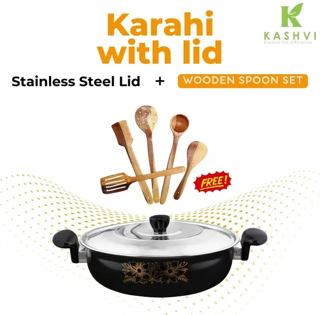 Cast Iron Kadai with 5 Pcs Spatula Set, Multicolor, Set of 2