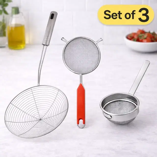 Combo of Steel Soup Strainer Large with Fry and Tea Stainer