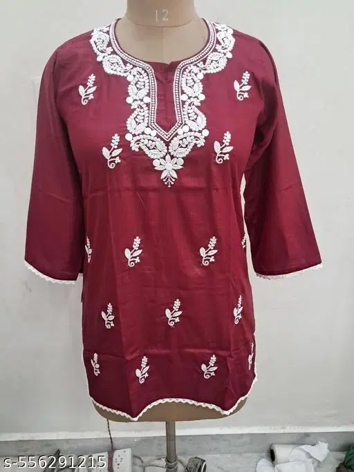 Floral Embroidered Rayon Kurti for Women (Maroon, S)