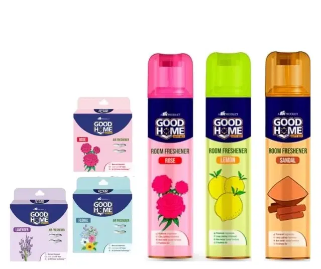 Combo of Goodhome Sandal, Lemon & Rose Room Freshener, 130 g, Pack of 3 with 3 Pcs Free Hanging Sachet, Set of 6