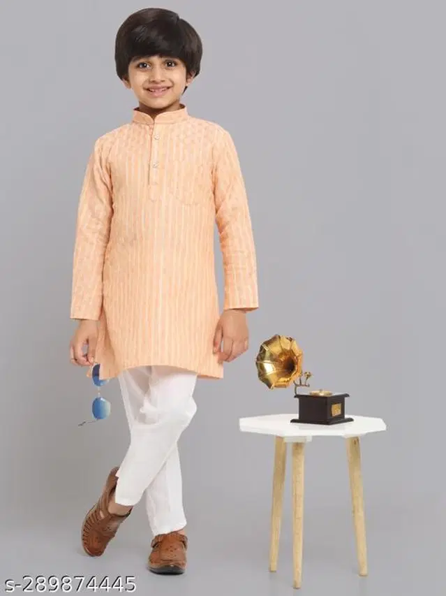 Cotton Blend Kurta with Pyjamas for Boys (Orange & White, 9-12 Months)