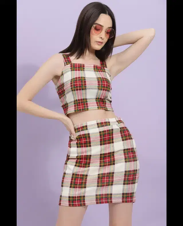 Checkered Top & Bottom Set for Women (Red, XL)
