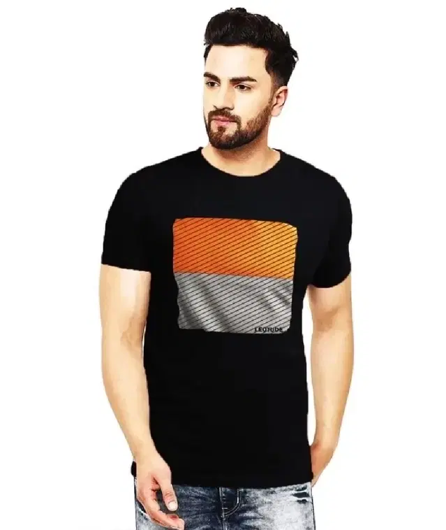 Round Neck Printed T-Shirt for Men, Black (L)