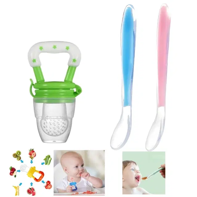 Combo of Silicone 2 Pcs Feeding Spoon & Fruit Nibbler for Baby, Multicolor, Set of 3