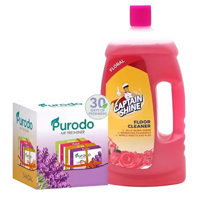 Captain Shine Disinfectant Floor Cleaner 1 L (Floral) + Purodo Air Freshner Blocks- Lavender, Jasmine, Sandal & Rose (Pack of 4)