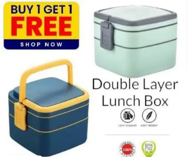 3 Compartment Tiffin with Handle & Push Lock, Multicolor, 1200 ml, Set of 2