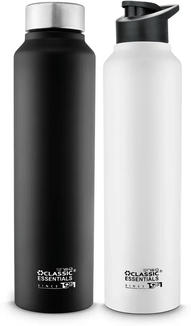 Stainless Steel Water Bottles, Black & White, 1000 ml, Pack of 2