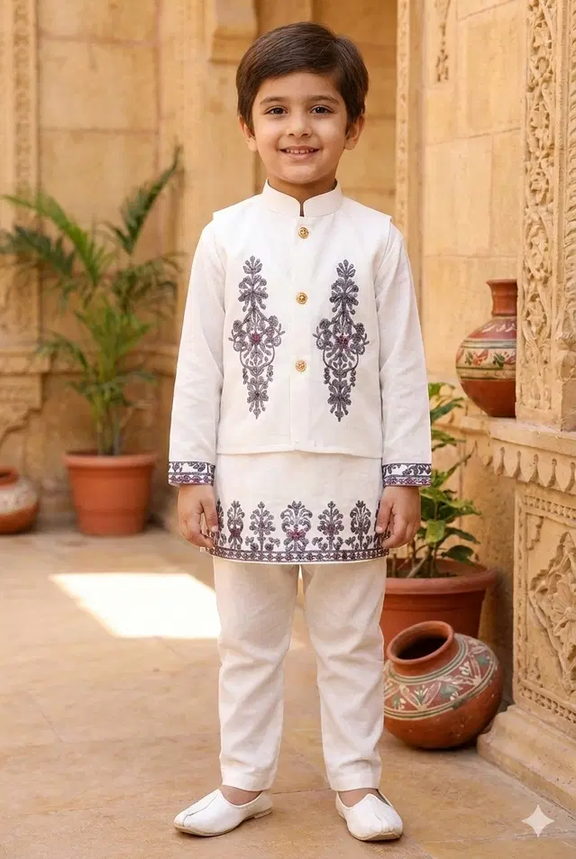Silk Blend Printed Kurta & Paints Set for Boys , White (4-5 Years)