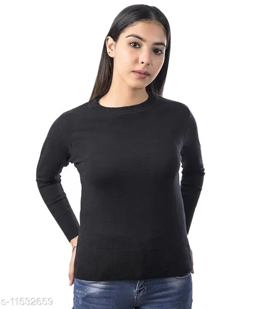 Acrylic Solid Sweater for Women (Black, L)