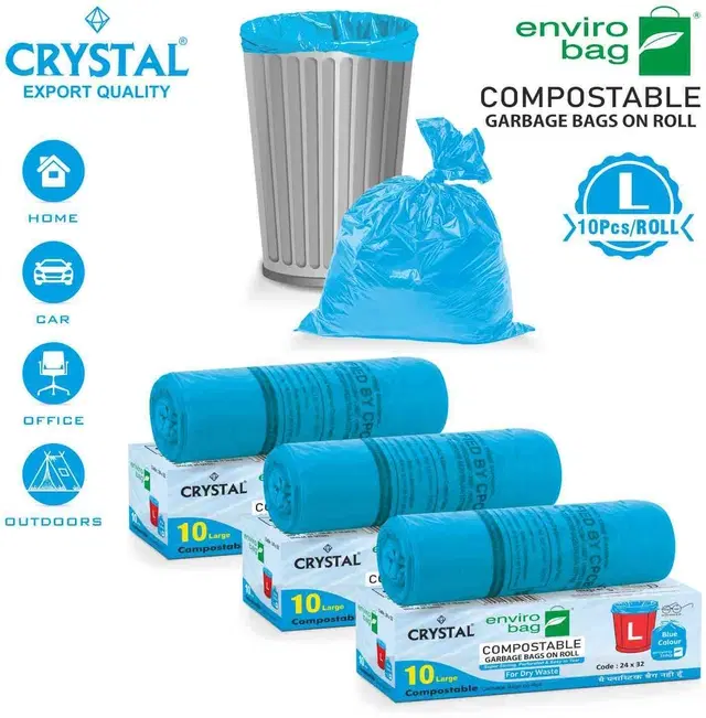 Crystal 10 Pcs Garbage Bags Rolls, Blue, 45 L, Set of 3