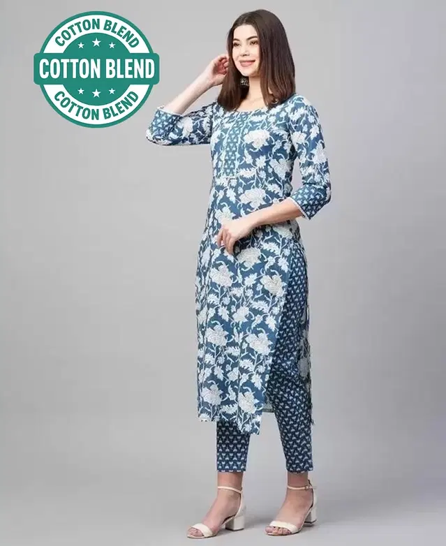 Cotton Floral Print Women's Kurta with Pant Set, Blue (XXL)