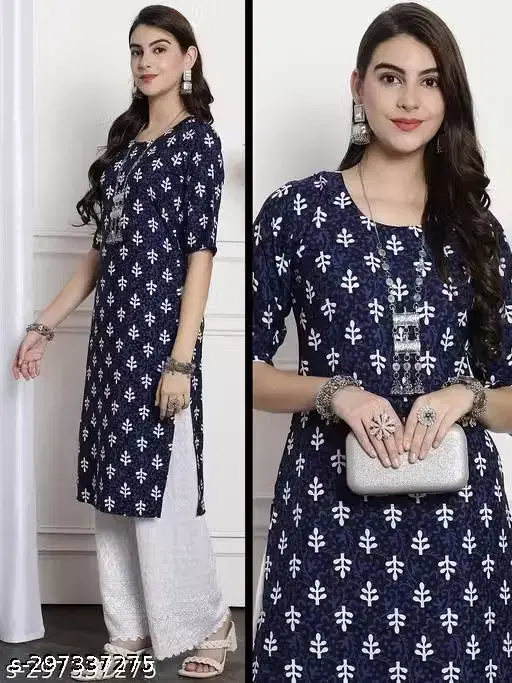 Buti Print Kurti Straight Kurti for Women ,Blue (M)