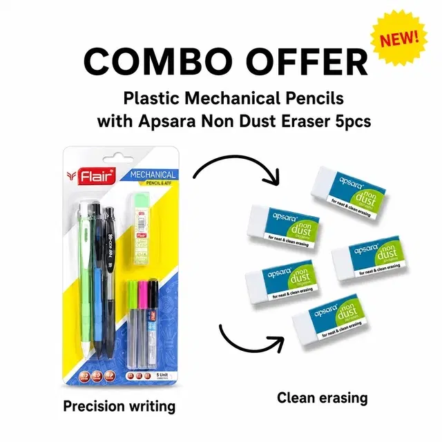 Flair Plastic Mechanical Pencils with Apsara Non-Dust Eraser [Set of 8]