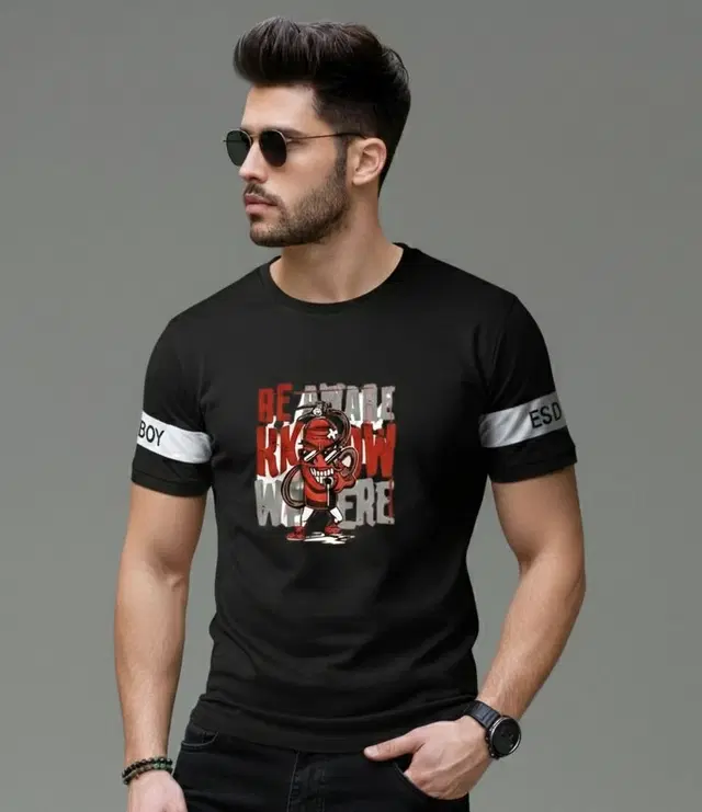 Polyester Printed T-shirt for Men, Black (L)
