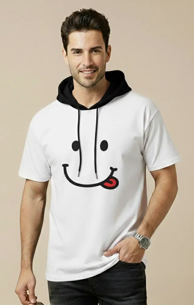 Polyester Printed T-shirt for Men, White (XL)