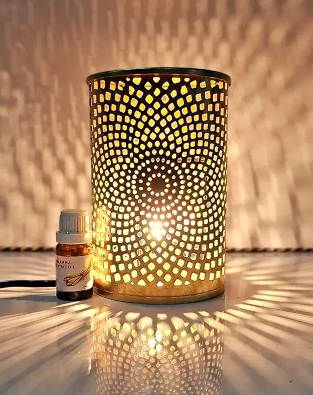 Metal Decorative Electric Moroccan-Style Oil Burner with Oil, 10 ml, Gold, Set of 1