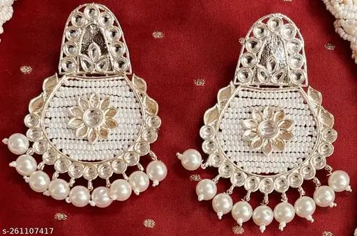 Light Gold Kundan Pearl String Exclusive Earrings for Women (White, Free Size)