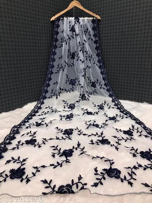 Embroidered Punjabi Net Floral Sewing & Embroidery (White, Free Size)