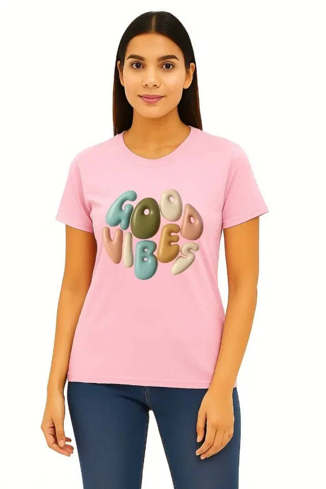 Cotton Blend Printed T-shirt for Women, Pink (S)