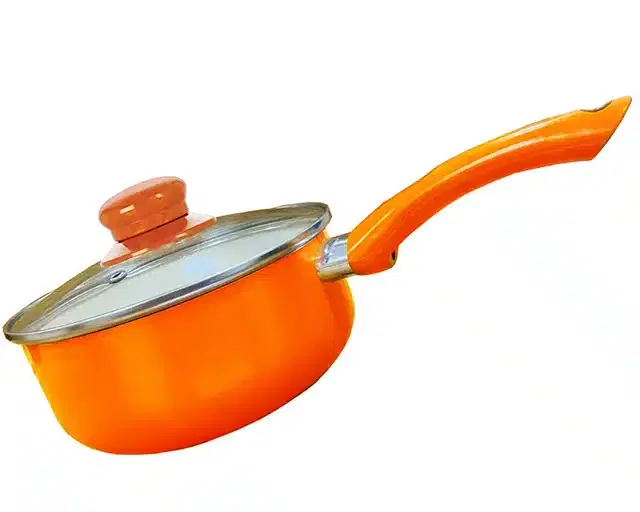 Aluminium Non Stick Sauce Pan with Glass Lid, Orange, 18 cm