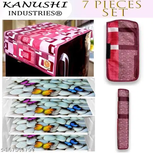 KANUSHI Industries® 1Pc Fridge Cover for Top with 6 Utility Pockets + 2 Handles Covers + 4 Fridge Mats (FRI-WINE-BOX-TOP+2-HANDLE+M-27-04)