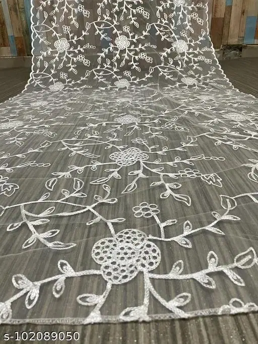 Floral Cut Work Embroidered Net Dupatta for Women (White, Free Size)