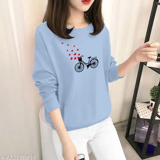 Cotton Blend Printed Sweatshirt for Women (Sky Blue, M)