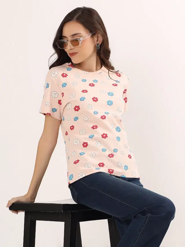 Round Neck Printed T-Shirt for Women, Beige (L)