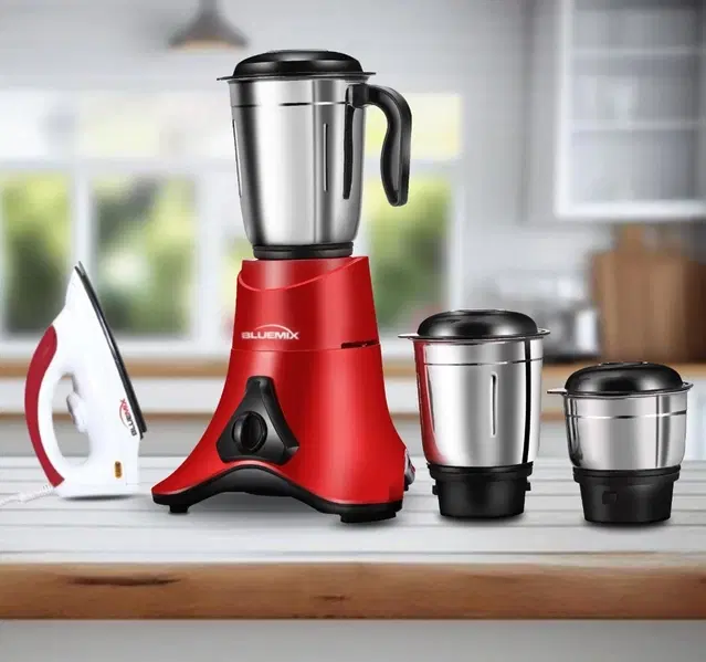 Bluemix smart 750 W Juicer Mixer Grinder, super combo 750 w Mixer grinder with 750 W dry iron, Red & White | 3 Jars | Red, Black