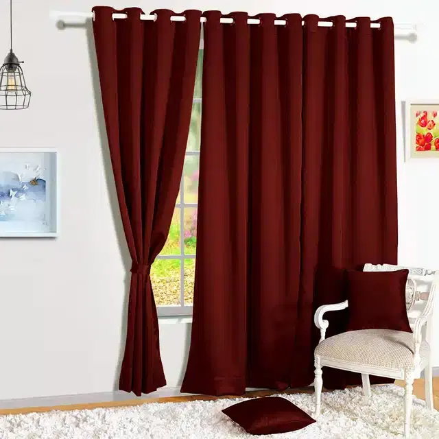 Polyester Solid Door & Window Curtains, Pack of 3, Maroon, 7 feet