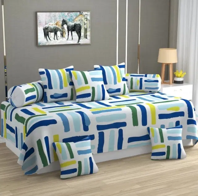 Polycotton 3D Printed Diwan Cover Set, Blue, 60x90 Inches