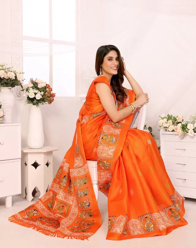 Kalamkari Printed Assam Silk Saree with Blouse for Women (Orange, Free Size)