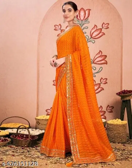 Chiffon Solid Saree For Women, Orange