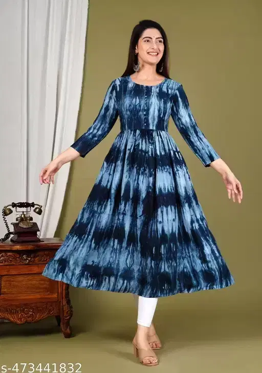 Printed Crepe Kurtis for Women, Blue (XL)