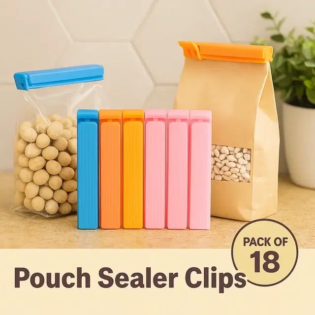 Ritu Pouch Sealer Clip 18 Pc Set - 6 Big, 6 Medium & 6 Small Clips, Keeps Food Fresh, J-335