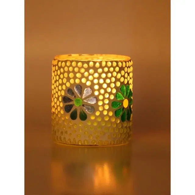 Mosaic Glass Tealight Candle Holder (White & Green Floral)
