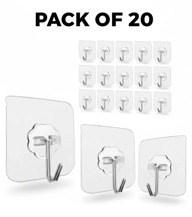 Plastic Wall Hooks, Transparent (Pack of 20)