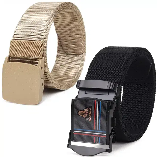 Casual Nylon Belts for Men, Pack of 2 (Cream & Black)
