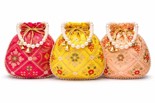 Handcrafted Embroidered Silk Potli Bag, Multicolour, Pack of 3