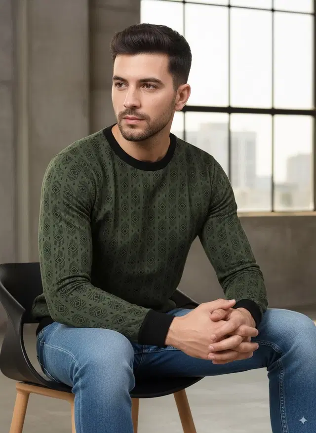 Fleece Printed Sweatshirt For Men, Green & Black (L)