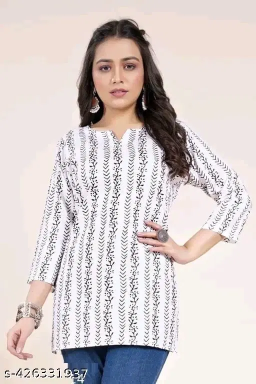 Cotton Printed Short Kurti for Women, White (XS)