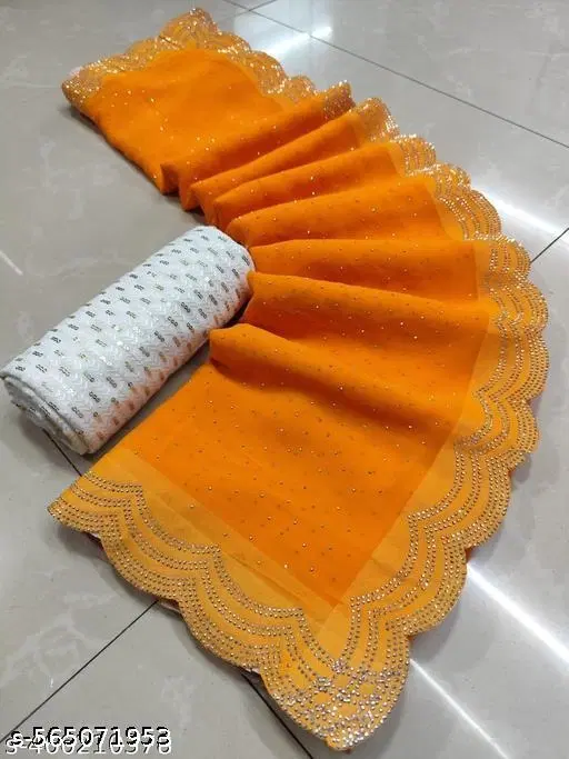 Chiffon Embellished Saree For Women, Yellow