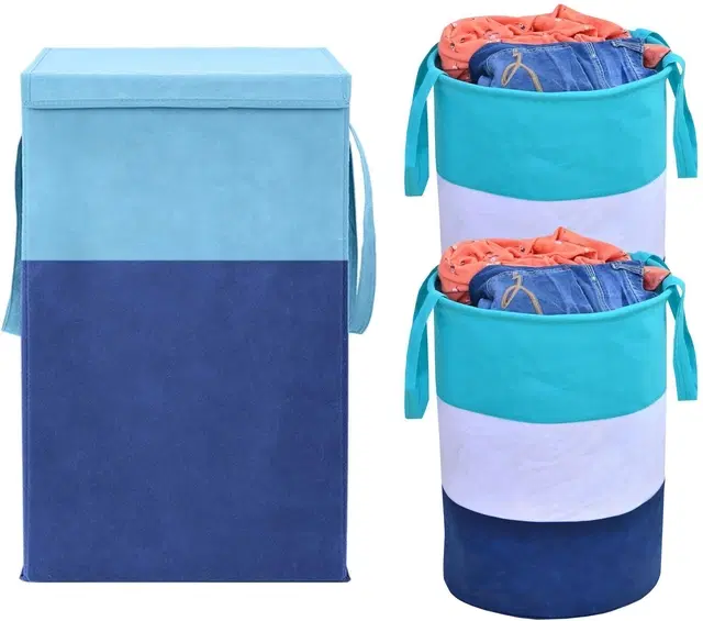 Canvas Laundry Basket,Blue & Green,  (Pack Of 3)