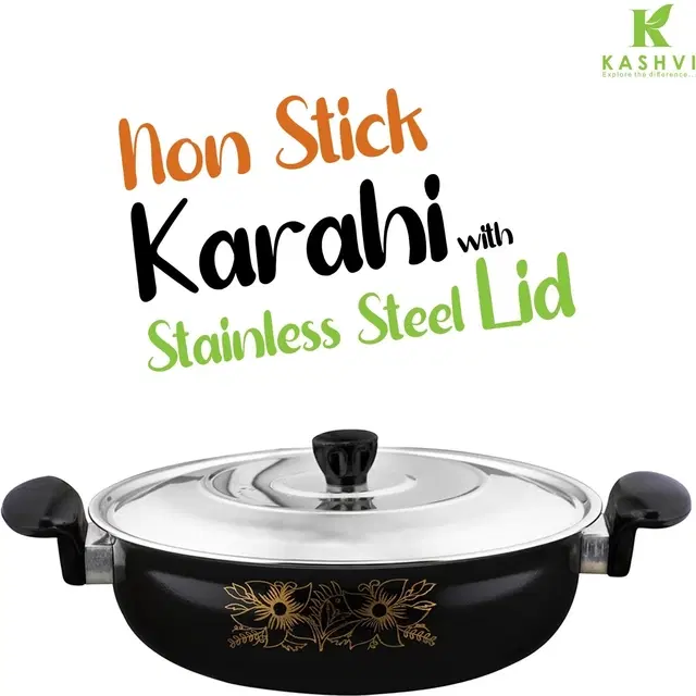 Cast Iron Kadai with Lid, Black & Silver, 28 cm