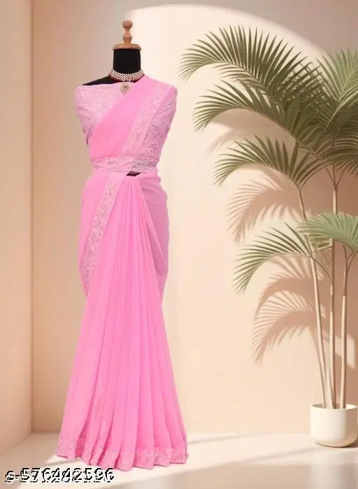 Chiffon Solid Saree For Women, Pink