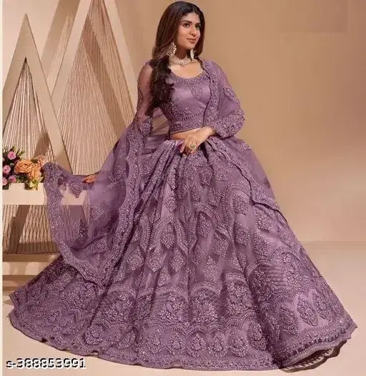 Net Embroidered Semi Stitched Lehenga Choli with Dupatta for Women, Purple