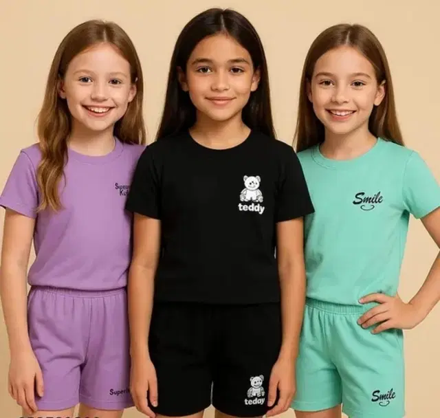 Cotton Clothing Set for Girls, Multicolour, Pack of 3 (0-6 Months)