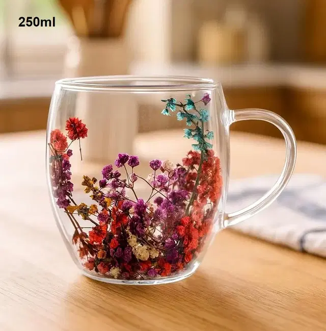 Double Wall Floral Borosilicate Glass Mug [250ml] Transparent Cup for Tea/Coffee | Gift Ready