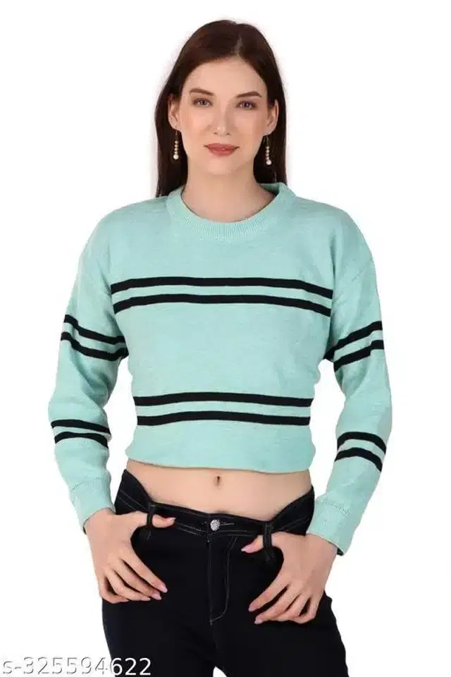 Acrylic Sweater for Women (Mint Green & Black, L)