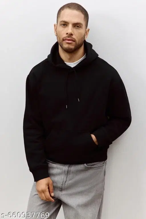 Fleece Solid Hoodie for Men, Black (S)